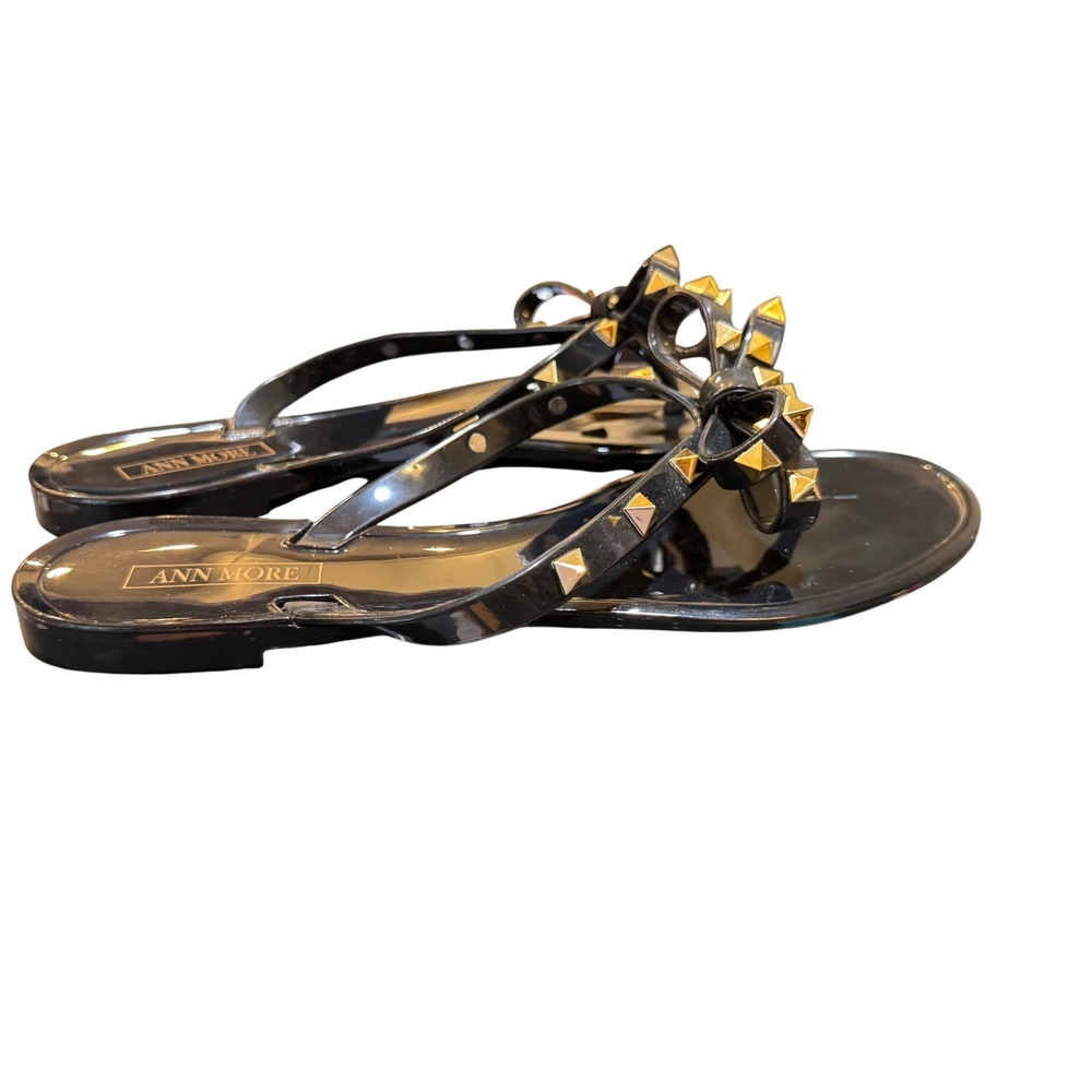 Ann More Studded Bow Thong Sandals Black Jelly Slides‎ Flats 8.5 women's EUC - Picture 3 of 11